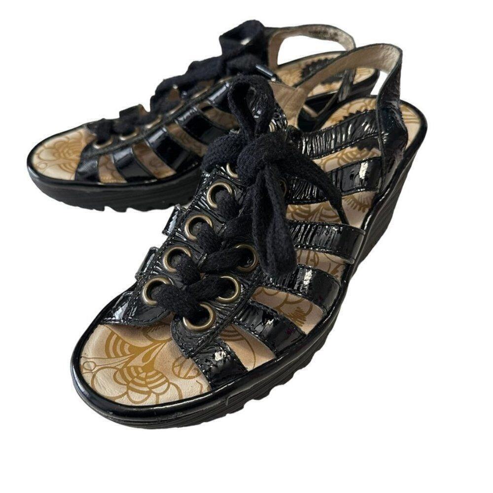 Fly London Ylfa Leather Lace‎ Up Wedge Women's 39/8-8.5 Black